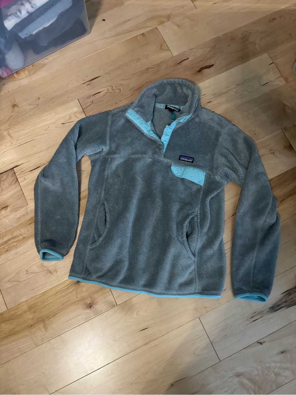 Patagonia Gray Fleece Pullover with Light Blue Trim